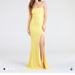 Yellow Strapless Sequin Gown with Slit